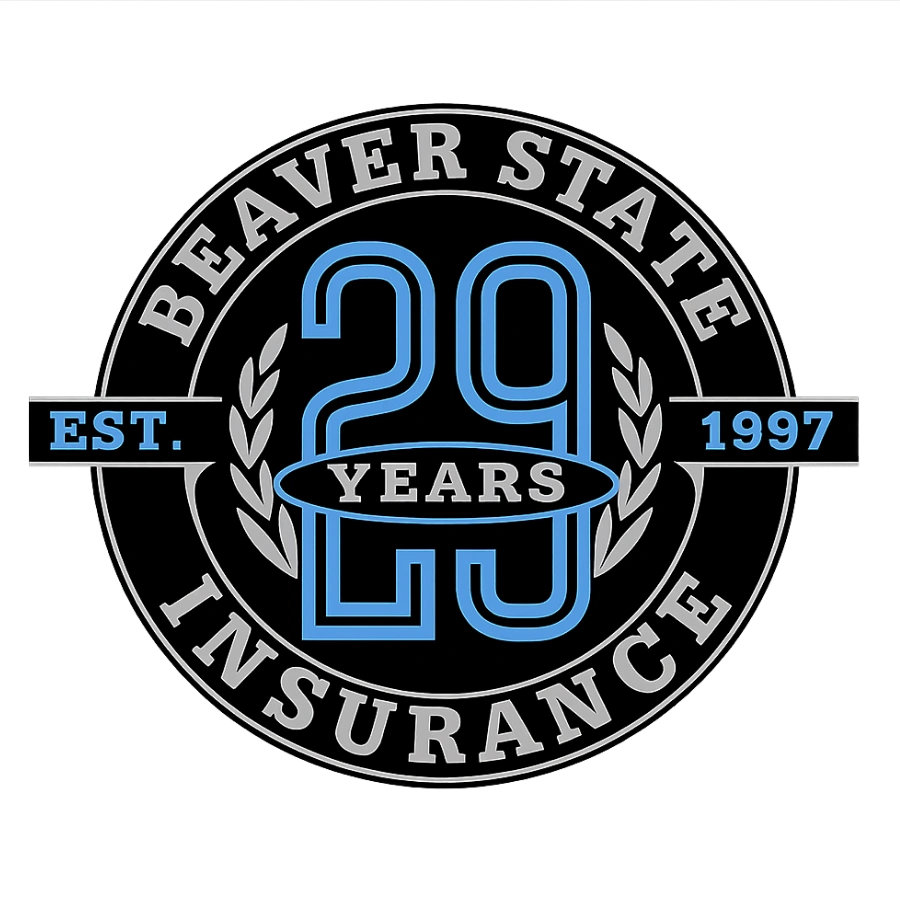 Beaver State Insurance - Est. 1997 - 29 Years - black, silver, bright blue circular badge