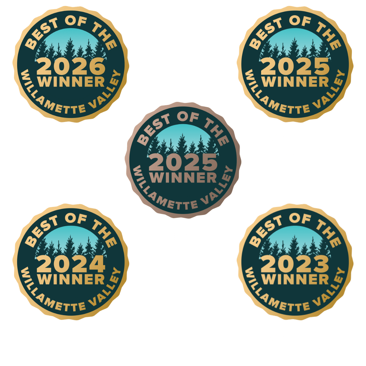 Best of the Willamette Valley badges for 2023-2026 - all years plus bronze for Agent, RJ Pena for 2025